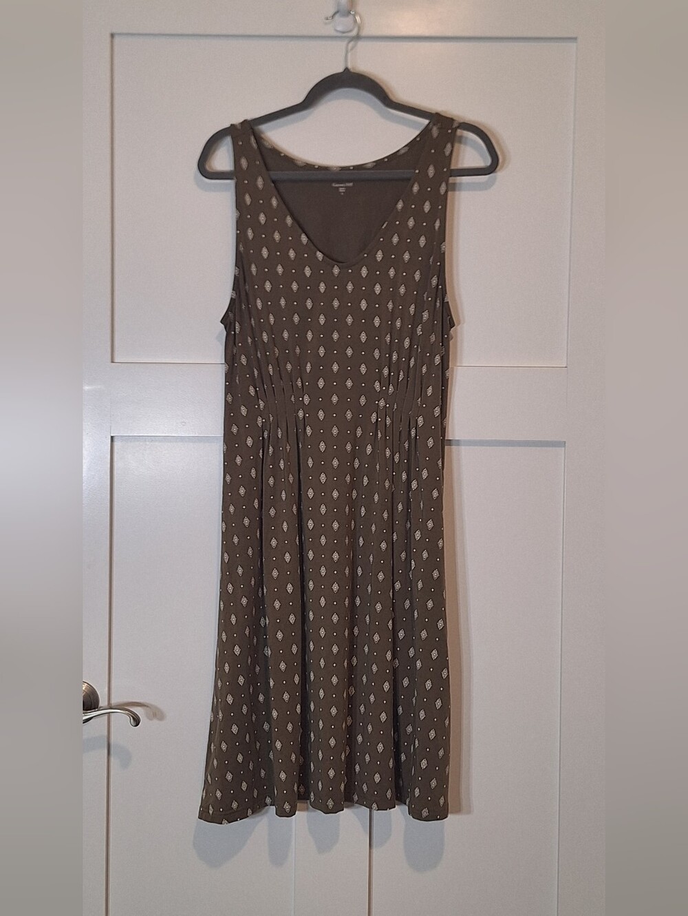 Garnet Hill Easy Pleated Bodice Knit Midi Dress Stretch Olive Green White Large